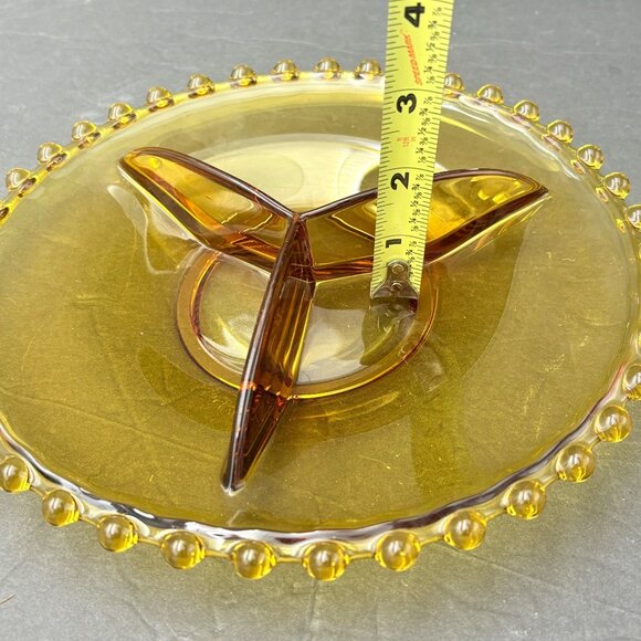 Vintage Amber Glass 3 Divided Serving Plate Dish Beaded Edge 70s 80s Art Deco - Picture 10 of 10
